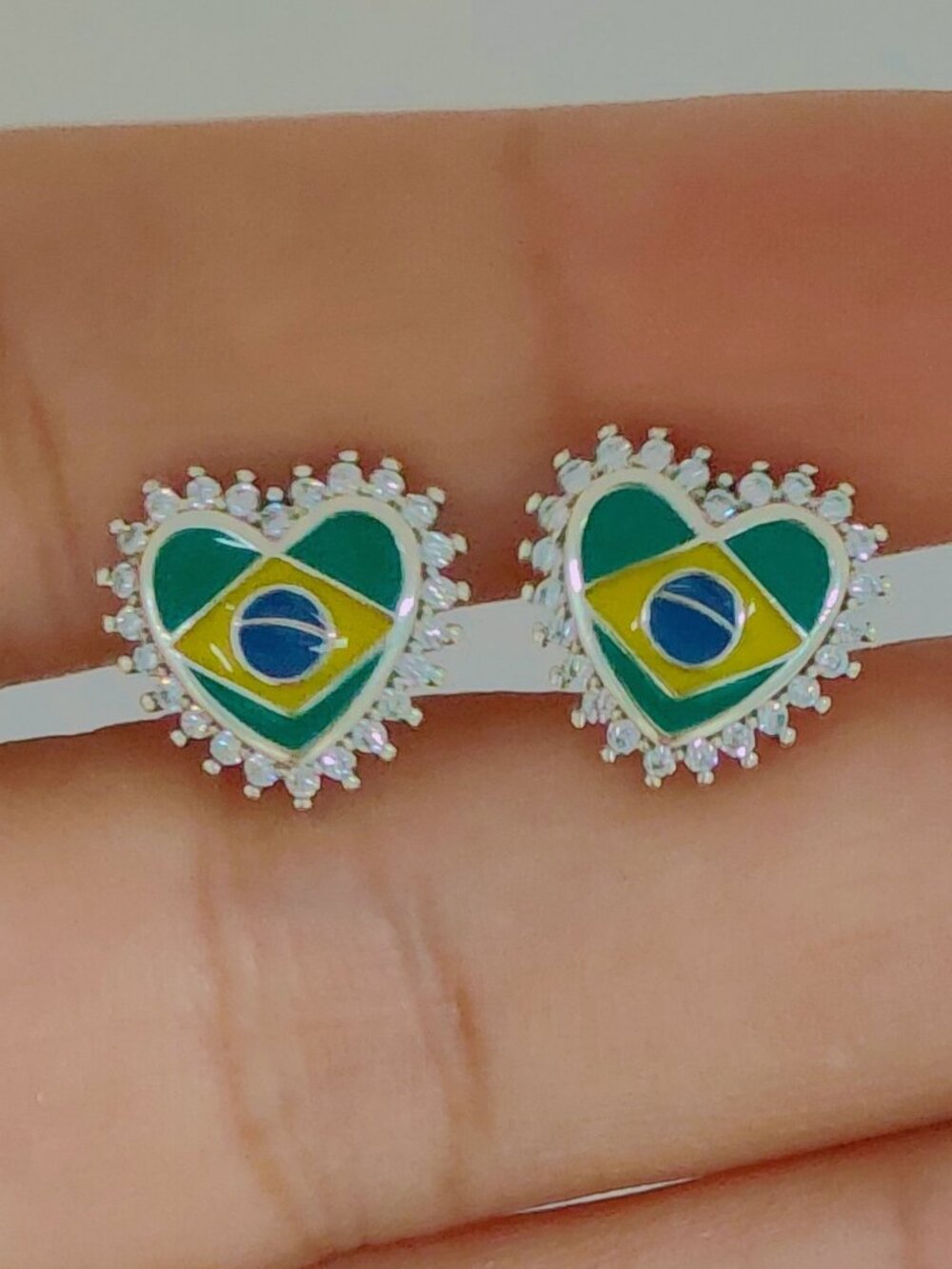 Brazil Flag Travel Vacation Heart Stud Earring Exclusive Designed S925 Silver